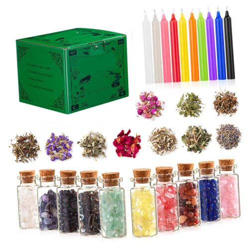 Kit de démarrage bougies cristaux fleurs séchées accessoire sorcière et sorcellerie