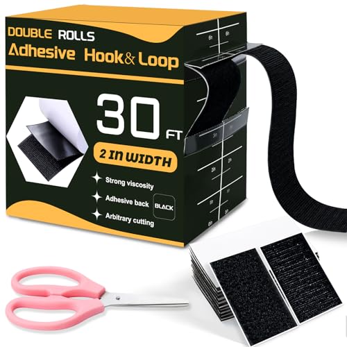30 Ft×2 Inches Hook and Loop Tape, Strong Viscosity Adhesive Back Arbitrary Cutting, Sticky for Fabrics Nylon Self Adhesive Tape for Home Office School and Crafting, Reuse 2 Rolls Black and A Scissors
