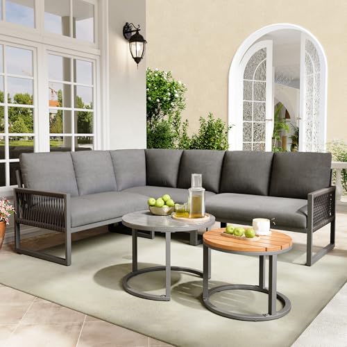 LTGB Outdoor Garden Lounge Set Furniture Set for 6-7 People Corner Sofa with Galvanized Iron Frame Adjustable Legs Includes All Seat and Back Cushions Grey