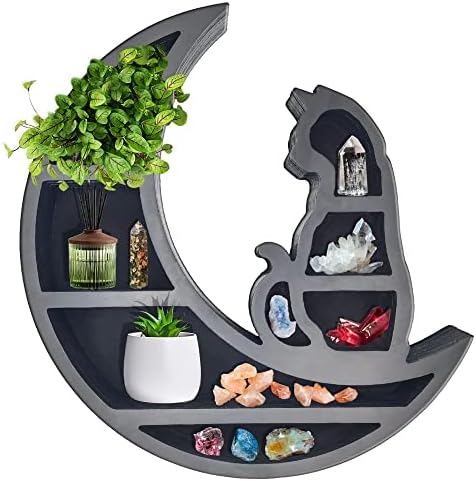 LARFOEK Cat on The Moon Wooden Shelf for Crystals,Shelves for Wall Decor,Wall Mounted Floating Shelves for Gothic Witchy,Boho,Room Decor Aesthetic for Placing Stones & Essential Oils(Moon Cat)