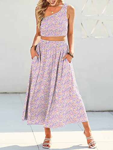 Anrabess Women's 2 Pieces Outfits Dress Set Floral Printed One Shoulder Smocked Crop Top High Waist Maxi Long Skirt 543Micai-S #TOP4