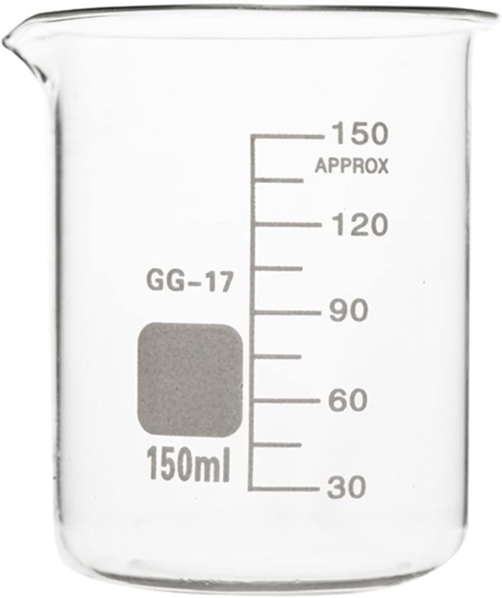 Becher in Vetro da 150 ml con Scala Trasparente, Vetro borosilicato, Vetro Addensato Resistente al Calore, Forma Bassa, misurino da Laboratorio, Confezione da 6