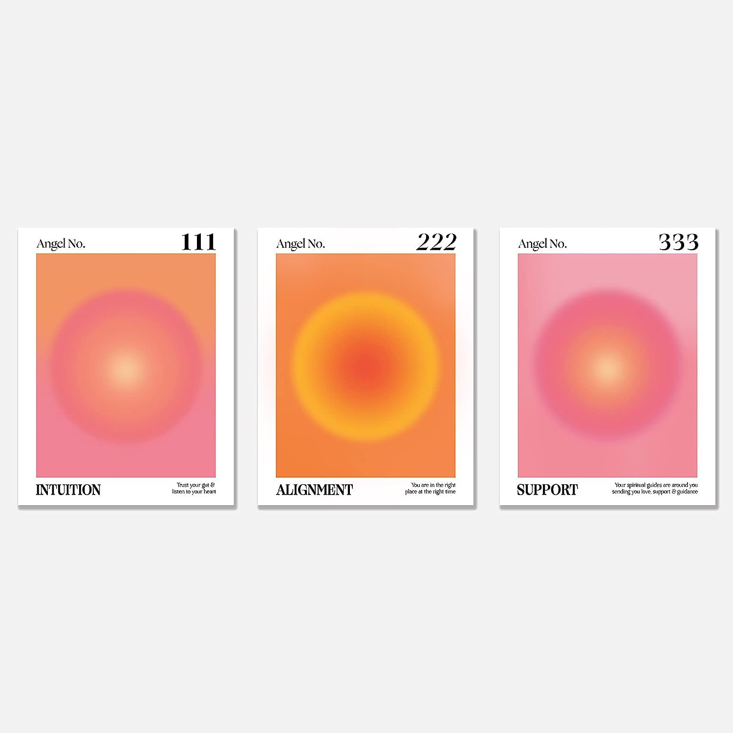 Enthusiasm Orange,Pink Set Of 3 Angel Numbers 111 222 333 Number Intuition Pink Orange Aura Energy Y2k Gradient Wall Art Poster Prints For Bedroom Dorm Decor, Unframed (40X60cm)