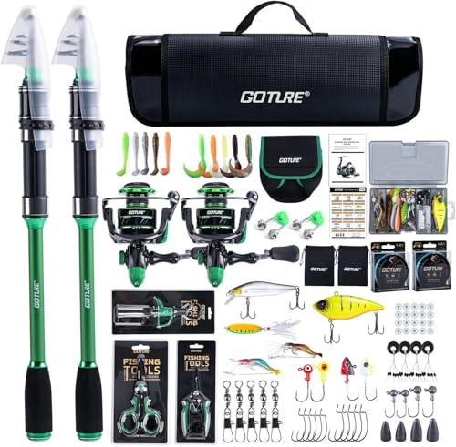 Goture Ensemble de Pêche Professionnel avec 2 Canne à Pêche Télescopique en Fibre de Carbone 24T (1.8m-2.7m) + Moulinet Spinning 9+1 Roulements - Complet avec Ligne...