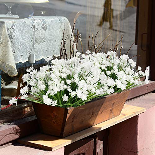 Urstoud 6Bundles Artificial Flowers,Fake Greenery Faux Plastic Bushes Fake Shrubs Uv Resistant No Fade Faux Plastic Plants For Wedding Hanging Bouquet Indoor Outdoor Home Garden Office(White) #TOP4