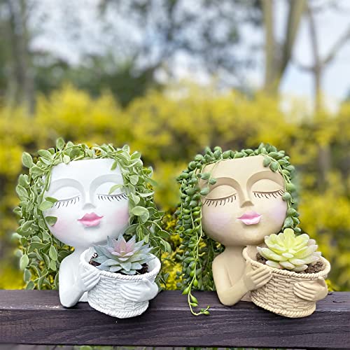 Cleecoo Face Planter Pots Head Planter Pots Double Flower Pots In One For Indoor And Outdoor With Drainage Hole(Large Size) (White) #TOP5