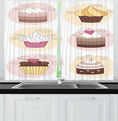 Lunarable Retro Long Kitchen Curtains, Cupcakes Bakery Pastry Design Cartoon Doodle Style Deserts Creamy Cakes Retro, 2 Panel Set Drapes with Rod Pocket Room Decor, 55