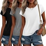 Picture of Huukeay 3 Pack Women's Cap Sleeve Tops Basic Tee Shirts Summer Casual Crew Neck Trendy Clothes 2025 Fashion(Black, Light Gray, White,X-Large)