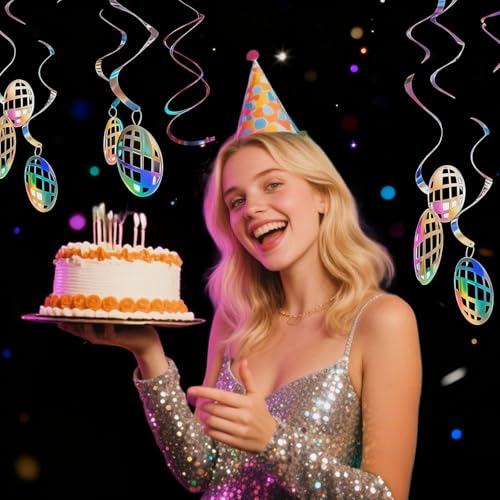 Image of Disco Hanging Swirl Set Party Decorations, 48 Pcs, Disco Ball Party Supplies Sign,Silver