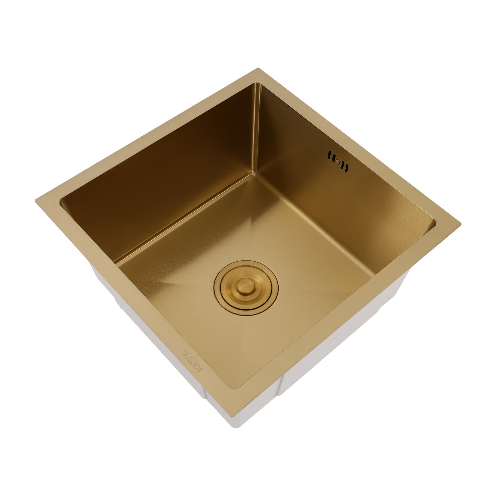 Fregadero de cocina de 45 x 45 cm, de acero inoxidable, rectangular, empotrable con rebosadero, 1 lavabo, fregadero para bajo encimera con filtro de desagüe (dorado)