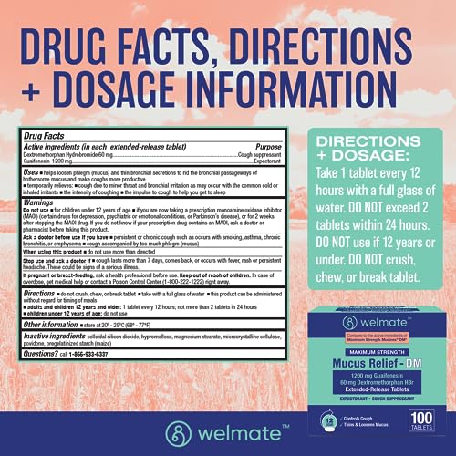 WELMATE Maximum Strength Mucus Relief DM - 1200mg Guaifenesin & 60mg DXM, 12-Hr Cough Suppressant & Expectorant, Bi-Layer Tablets, Chest Congestion Relief, Thins & Loosens Mucus - 100 Ct - Thumbnail 2