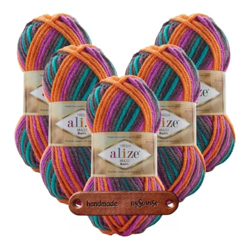 ALIZE 5 x 100g SUPERLANA MAXI BATIK 8025 Premium Wolle weich warmes Farbverlaufsgarn für Stricken und Häkeln Winteraccessoires mit mySearose Label