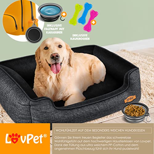 Lovpet® Hundebett Hundekissen Hundekorb Chiller, Inkl. Napf + 3X Kauknochen, Hundesofa Kissen für Kleine, Mittelgroße & Große Hunde, Bezug abnehmbar und waschbar, M 70 x 55 x 21 cm Anthrazit
