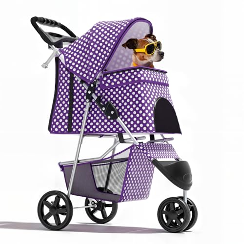 Image of Magshion 3-Wheel Pet Stroller, Foldable Travel Jogger for Small & Medium Dogs & Cats (Up to 33lbs), Lightweight Carrier with Breathable Mesh Cover, Cup Holder & Storage Basket, Purple Polka Dots