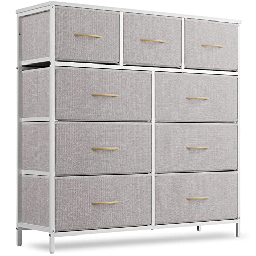 CubiCubi Chest of Drawers with 9 Drawers, Bedroom Drawers, Fabric Dresser with Wooden Top and Handles, Sturdy Steel Frame, Large Storage Space for Bedroom, Living room, Closet, Light Grey and White