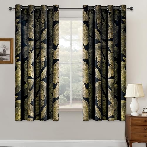 Image of MIULEE Gold Foil Leaf Velvet Curtains 2 Panels Black 46x54in Eyelet