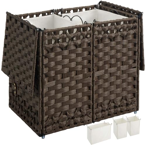 Greenstell-Laundry-Hamper-with-Lid-and-2-1-Removable-Liner-Bags-No-Install-Needed-130L-Collapsible-Laundry-Basket-Wicker-Clothes-Hamper-with-Handles-Hamper-for-Bedroom-Bathroom-Brown Greenstell Laundry Hamper with Lid and 2 1 Removable Liner Bags No Install Needed 130L Collapsible Laundry Basket Wicker Clothes Hamper with Handles Hamper for Bedroom Bathroom Brown