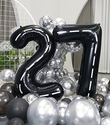 Image of Race Car 40 Inch Black 27 Big Large Helium Balloon Number 0-9 | Track Giant Digital 27th Foil Mylar Party Balloons for Men Birthday Car Theme Party Anniversary Graduation Decorations