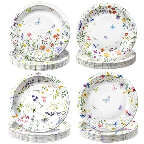 100 PCS Wildflower Party Plates 9-Inch Floral Disposable Mothers Day Paper Plates for Mothers Day Baby Shower Bridal Shower Spring Birthday Party Tea & Garden Party Decorations 4 Floral Designs