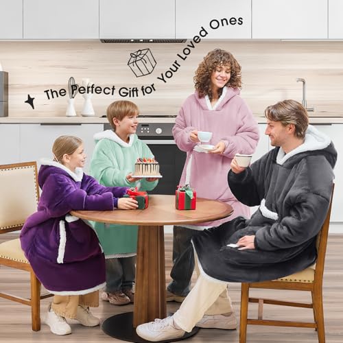 JOYWOO Purple Oversized Wearable Blanket Hoodie, Cat lovers Long Hoodie Blanket for Adult,Birthday Gifts for Women Men Wife,Cozy Fuzzy Sherpa Fleece Hooded Blanket Giant Pocket Gifts,Purple Oversize