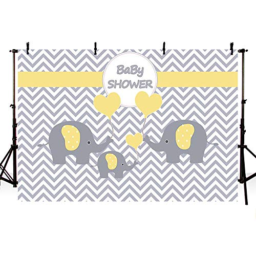 MEHOFOTO Family Three Yellow Elephants Unisex Baby Shower Backdrop Props Yellow and Gray Wave Little Peanut Love Shape Balloons Pattern Photography Background Photo Banner 7x5ft