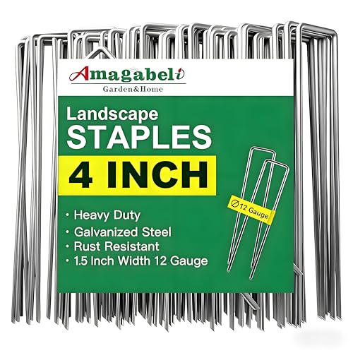 AMAGABELI GARDEN & HOME 4 Inch 50 Pack Galvanized Landscape Staples Garden Staples 12 Gauge Garden Stakes Plant Cover Stakes U-Shaped Landscape Stakes Landscape Pins for Weed Barrier Fabric