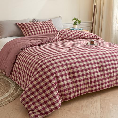 Image of Cyusri Cotton Plaid Queen Comforter Set - Soft Lightweight Bedding 3 Pieces Dyed Bed Set with 2 Pillow Shams,Reversible All Season Farmhouse Down Alternative(Queen Size 90 inchx90 inch Retro Red)