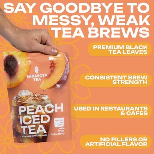 Image of Peach Iced Tea Bags Gallon | 10 Count Large Iced Tea Bags | Makes 10 Gallons | Juicy Crisp Peach Flavor | | Easy Brew Pitcher