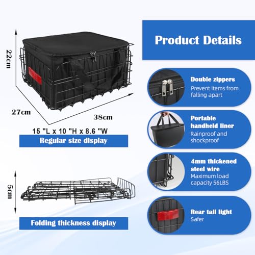 Bike Basket Rear, Folding Bicycle Basket with Removable