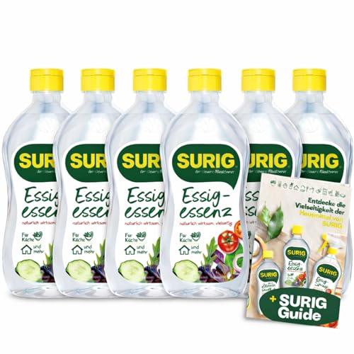SURIG Essigessenz 400ml mit 25% Essigsäure im 6er Set + Mini Guide - 100% pflanzlicher Essig zum Reinigen und Entkalken in Küche und Haushalt - Lebensmittelqualität zum Kochen und Einlegen