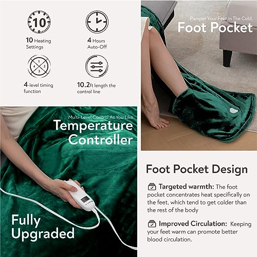 Image of Wapaneus Foot Pocket Heated Blanket Electric Throw with 10 Heating Levels and 4 Timer Settings 4 Hours Auto Shut Off, Flannel Fast-Heating Heated Throw 50 inch x 60 inch, Machine Washable, Vintage Green