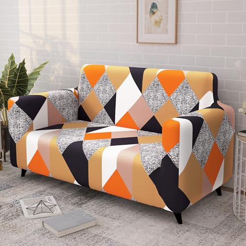Image of Story@Home Sofa Cover 2 Seater - 145 X 185 Cm | Antislip Sofa Cover Polyester | Orange & Beige Abstract Design Elastic 2 Seater Sofa Cover Stretchable Slipcover | 2 Seater Sofa Cover for Living Room