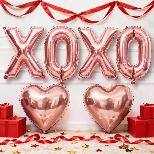 Image of Rose Gold XOXO Heart Balloons 6 Pcs Valentines Day Balloons Heart Shaped Balloon XOXO Foil Balloon Letters for Girls Women Anniversary Sweet Valentine Day Romantic Decor Special Night Party