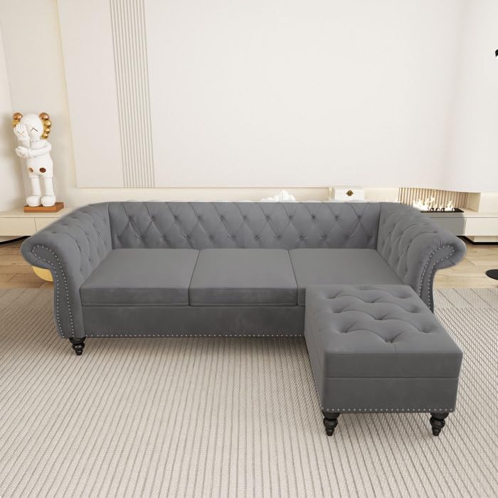 Image of Chesterfield Velvet 3 Seater Round Arm Sofa + Ottoman Modern Sofa for Your Loving Space, Bedroom, Living Room, Offices (Dark Grey)