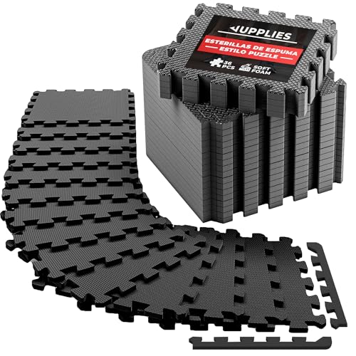 JUPPLIES - Suelo Gimnasio Set 36 Piezas 32x32x1cm - Esterilla Puzzle Fitness de Goma para Suelo - Alfombra Protectora para Gimnasio en Casa - Tatami en Puzzle Sin Piezas de Bordes