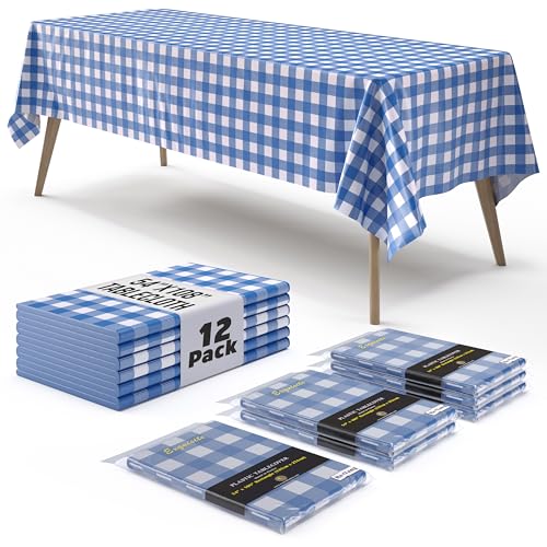 Exquisite Picnic Table Cover - 12 Pack Premium Rectangle Plastic Tablecloth - Blue & White Checkered BBQ Plastic Table Cover - Gingham Checkerboard Disposable Plastic Tablecloth 54