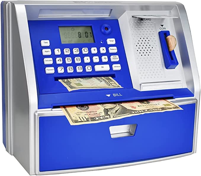 LIKE Talking ATM Savings Bank, Digital Piggy Bank, ATM Money Coins Machine for Kids Birthday Gift (Blue/Silver)