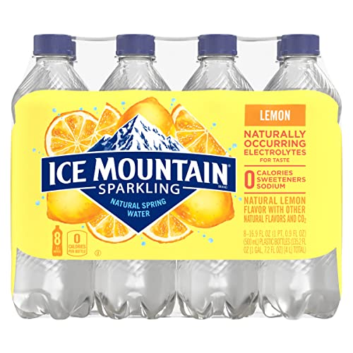 Image of Sparkling Ice Mountain Brand Natural Spring Water, Lively Lemon, 16.9 Fl Oz Plastic Bottle, Pack of 8