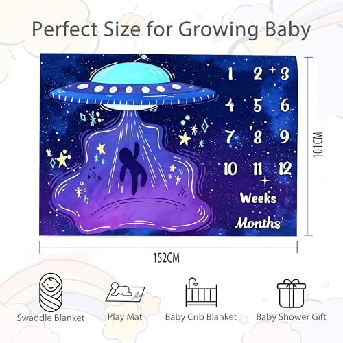 Image of UFO Baby Monthly Milestone Blanket, 60x40in Soft Flannel, Alien Round Spaceship, Newborn Mom Gifts, Baby Shower Age Growth Tracker with Bonus Maker (Purple Blue, 60x40in)