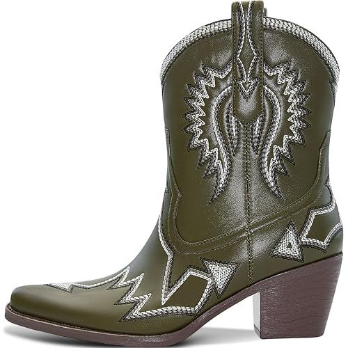 Image of HOCHFART Women's Western Ankle Cowboy Boots Chunky Pointed Toe Wide Calf | Metallic PU-Leather, Embroidered, Pull-On, Concert, Festival, Rodeos, Party, Daily Wear, All-Day Comfort