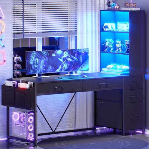 Image of SEDETA Computer Gaming Desk with 5 Drawers and Bookshelf, Reversible Home Office Desk with Storage Shelves and File Drawer, Corner Desk with LED Lights for Small Spaces, Black
