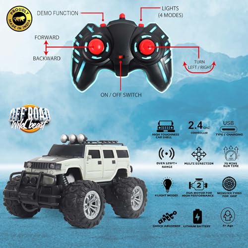 Image of popsugar Off Roader Rechargeable Remote Control Car | RC Car Monster Truck | 4 Headlight Modes | Lithium Battery | C-Type Charging | 2.4GHz Remote Controller | Made in India, Gray