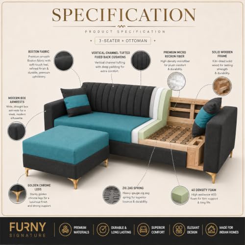 Image of FURNY Signature Regalia 4-Seater L-Shape Sofa Set with Movable Ottoman | Flexible LHS /RHS Layout | Boston Fabric | 40D Foam + Zigzag Spring | 3-Yr Warranty (Ash Grey, Ocean Blue)