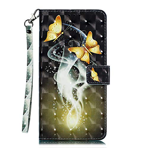 LuckyW Funda Samsung A7 2018 Billetera, 3D Pintura Carcasa Funda de Cuero para Samsung Galaxy A7 2018 Cartera con Soporte Plegable,Ranuras para Tarjetas,Cierre Magnético,Mariposa Dorada