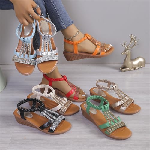 Womens Low Wedge Sandals Open Toe T-Strap Rhinestone Beaded Beach Shoes Slip On Ankle Strap Sandal with Arch Support3