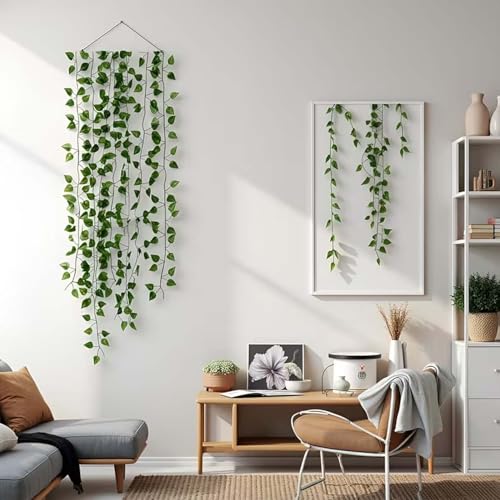 Image of Go Hooked Artificial Hanging Creeper for Home Decor (Pack of 8, 7 Ft) | Green Arrowhead Leaf Garland with 4x3 cm, 72 Leaves Each | Plastic Decorative Creeper for Balcony, Walls & Garden Decoration