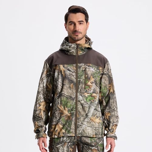 Image of LOOGU Mens Camo Jacket Hunting Hooded Softshell Fleece Lined Outdoor Hiking Coat
