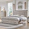 Redlemon farmhouse king size bed frame w 54 tall geometric headboard rustic wood platform bed w 2 large storage drawers wood slats support noise free no box spring needed light rustic oak  urban country home decor