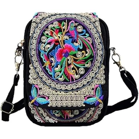 Embroidered Crossbody Bag Boho Ethnic Shoulder Bag Vintage Handmade Women Cellphone Pouch Small Handbag Coin Purse (Black Flower) Cover