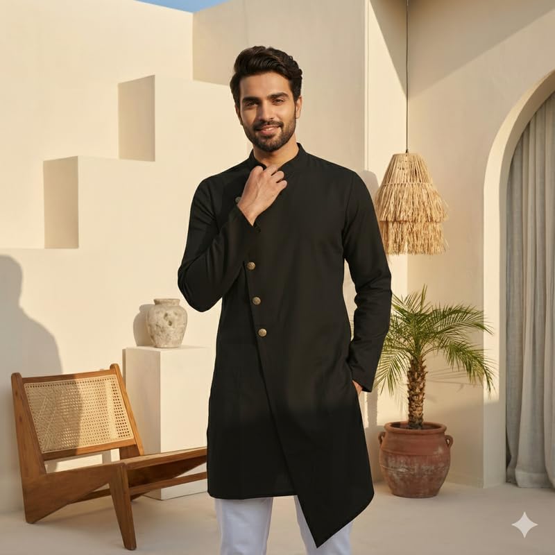 Image of OOMPH! Men's Ethnic Traditional Asymmetric Kurta Polycotton Regular Fit | High Neck Full Sleeves | Traditional Indian Festive Kurta | Stylish Casual and Wedding